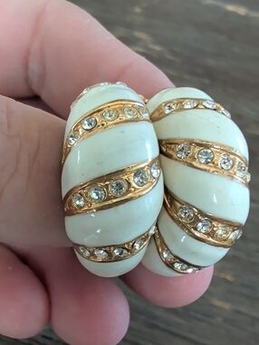 Vintage FEI Stamped White Enamel & Gold-Tone Crystal Clip-On Earrings